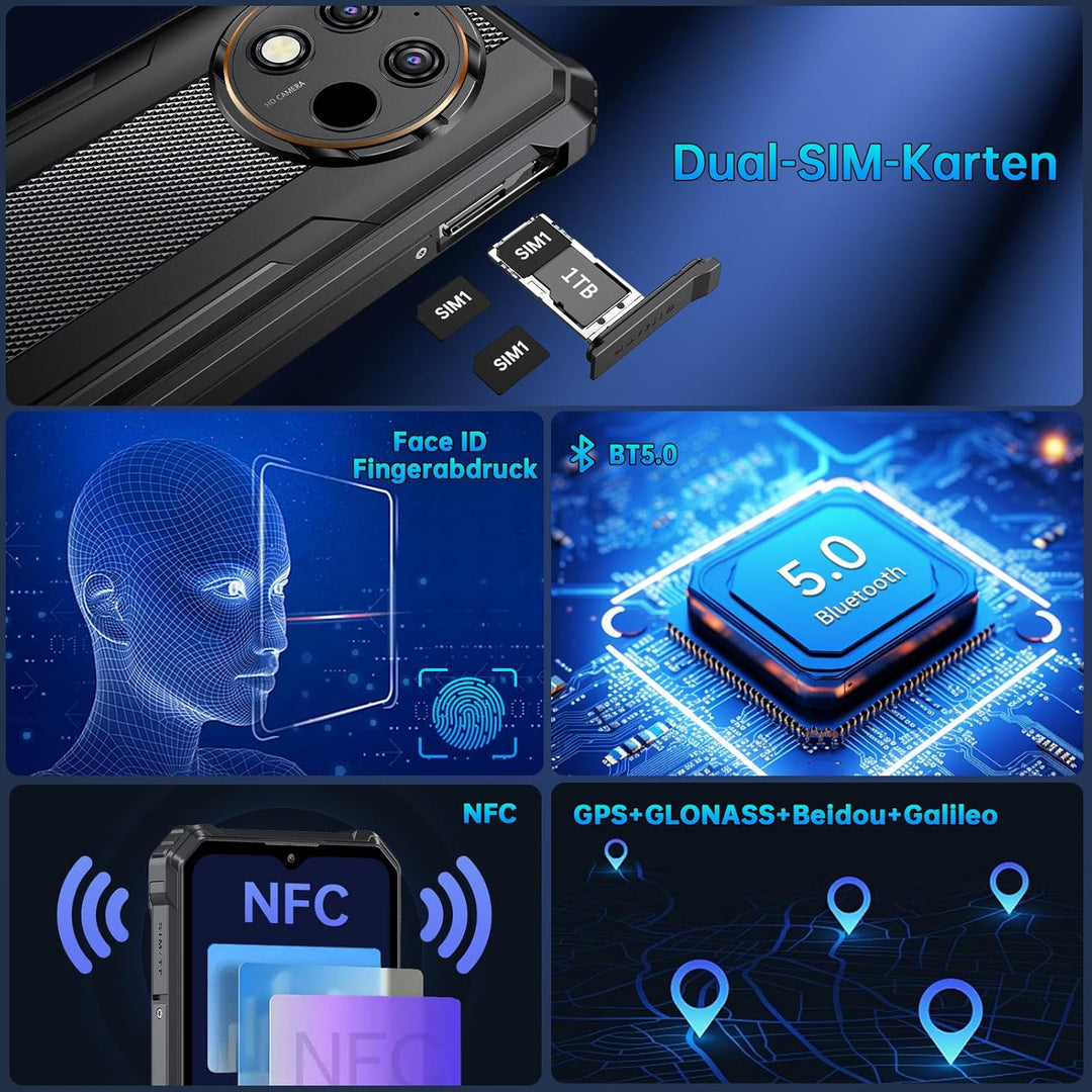 OUKITEL WP28S Outdoor Smartphone - 10600mAh Outdoor Handy Ohne Vertrag Android 14, 16GB RAM + 128GB