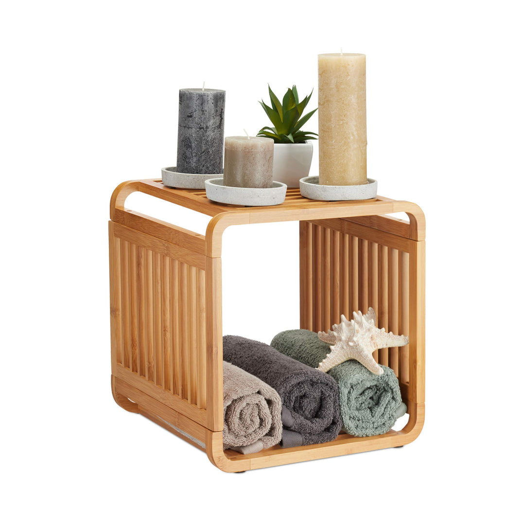 Relaxdays Bambus Regal, abgerundetes Standregal, schmales Badregal mit 2 Ablagen, quadratisch, HBT: