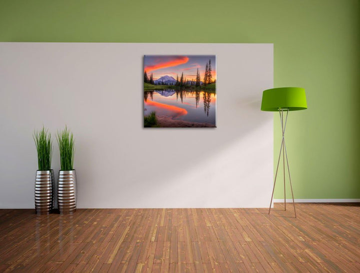 Pixxprint Sonnenaufgang Berglandschaft, Format: 70x70 auf Leinwand, riesige Bilder fertig gerahmt mi