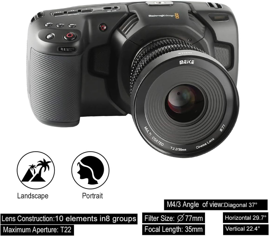 MEKE 35mm T2.2 grosse Blende, manueller Fokus, niedrige Verzerrung, 4K Mini-Cine-Objektiv für Micro