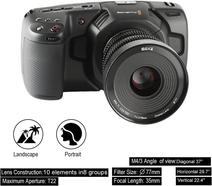 MEKE 35mm T2.2 grosse Blende, manueller Fokus, niedrige Verzerrung, 4K Mini-Cine-Objektiv für Micro
