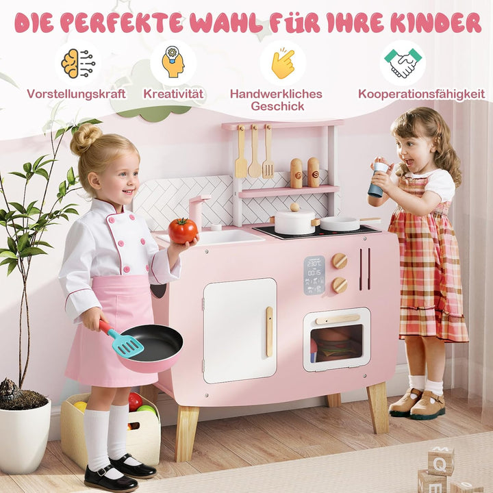 COSTWAY Kinderküche Holz, Spielküche mit Herd, Spüle, Wasserhahn & Ofen, Mini Küche mit Kochgeschirr