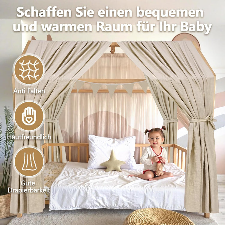 Alishomtll Hausbett Himmel Deko Set, 2 Betthimmel Hausbett aus 100% Baumwolle Musselin, 1 Wimpelkett