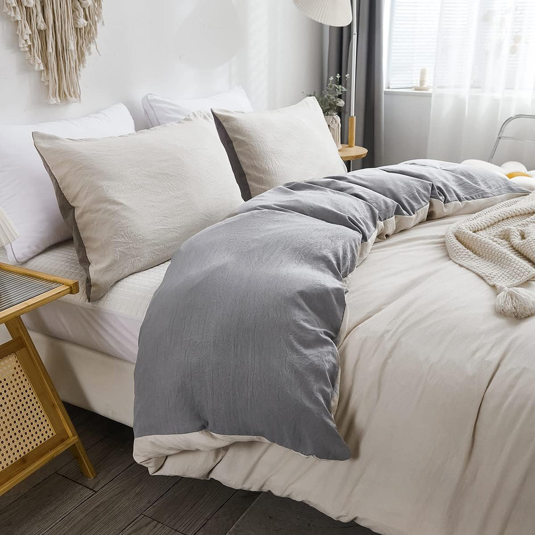 Freyamy Wendbar Bettwäsche 220x240cm 3teilig Beige GrauUnifarben Uni Wendebettwäsche Gewaschene Micr