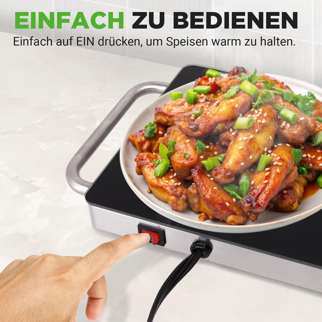 NutriChef Warmhalteplatte Elektrisch – 56,9 × 17 cm Glas-Kochplatte mit Griffen für Speisen, Für Buf