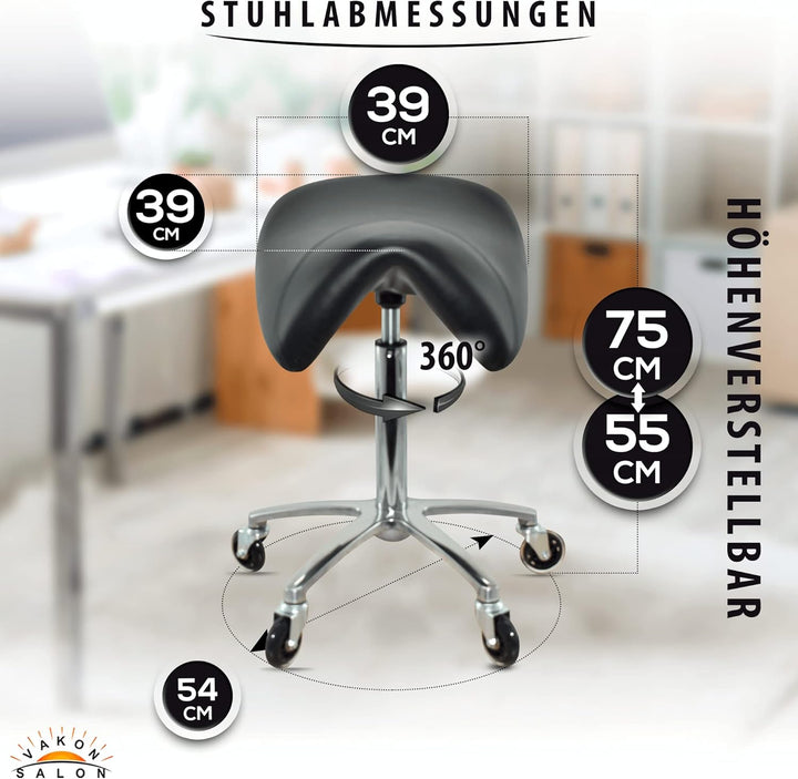 Premium Sattelhocker, Sattelstuhl für Rückenentlastung, Rollhocker höhenverstellbar von 55-75 cm Dre