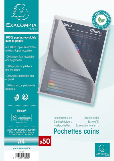 Exacompta 50850E 50er Pack Papier-Aktenhüllen mit runder Ecke DIN A4 rechts mit Einkerbung zum einfa