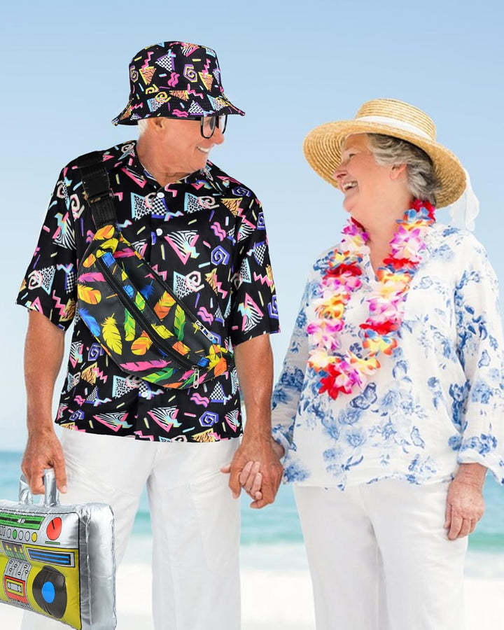 BIQIQI 80er Jahre Outfit Herren 80er Jahre Kleidung Set Rapper Zubehör mit Eimer Hut Gläser Hemd Bau