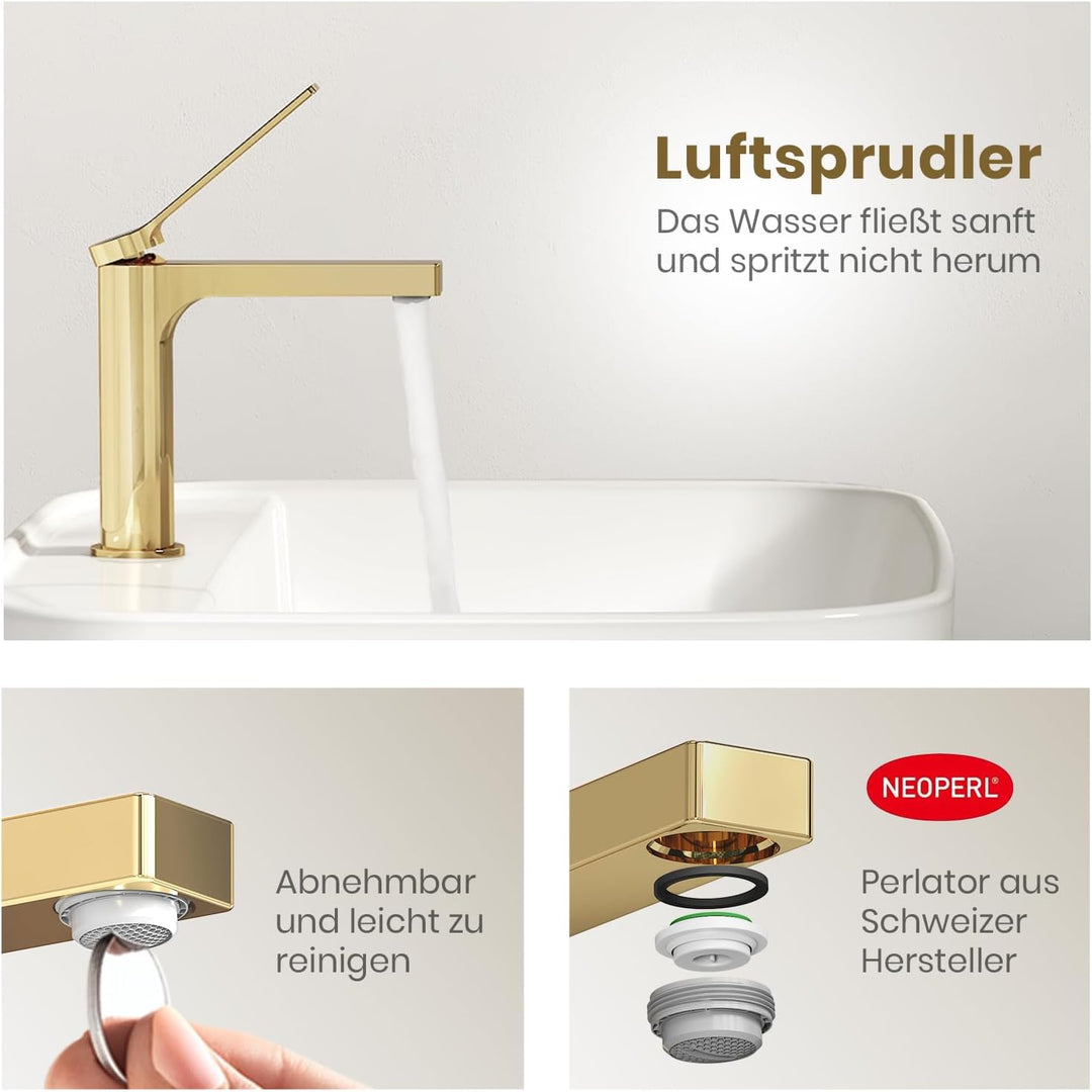 EMKE Wasserhahn Bad Champagnergold, 195 x 173 x 46 mm, Messing, Keramikkartusche, Badarmatur, Mischb