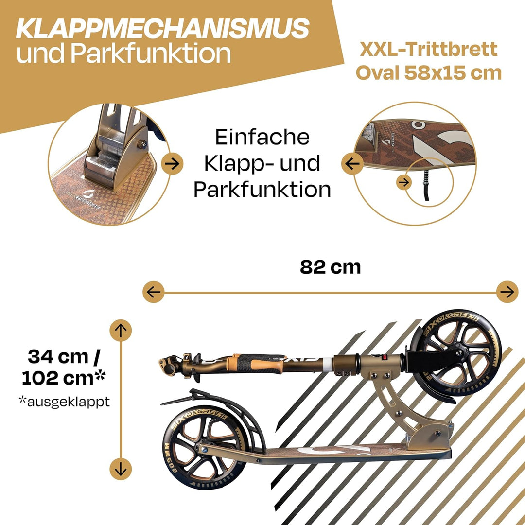 Six Degrees Aluminium Scooter mit Klappmechanismus, Ständer, 205 mm TESTSIEGER, ABEC 7, höhenverstel