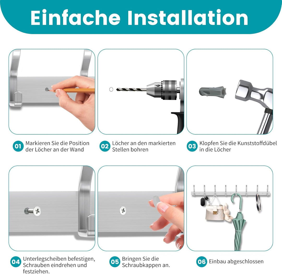 Garderobenhaken Edelstahl Hakenleiste Garderobe Garderobenleiste Silber Kleiderhaken Wand mit 6 Hake