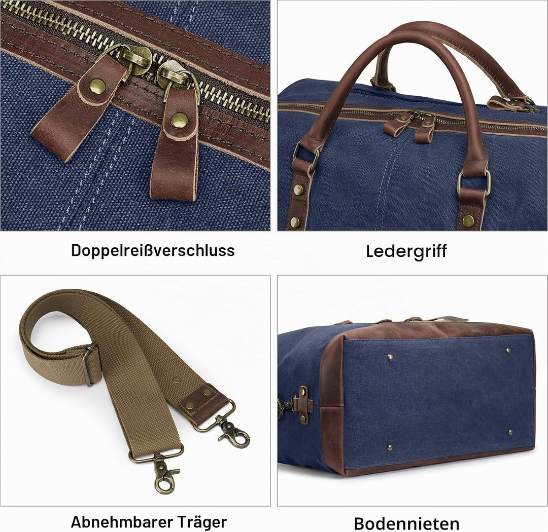 S-ZONE Reisetasche 52-55L Vintage Canvas Crazy Horse Leder Trim Unisex Handgepäck Weekender Tasche S