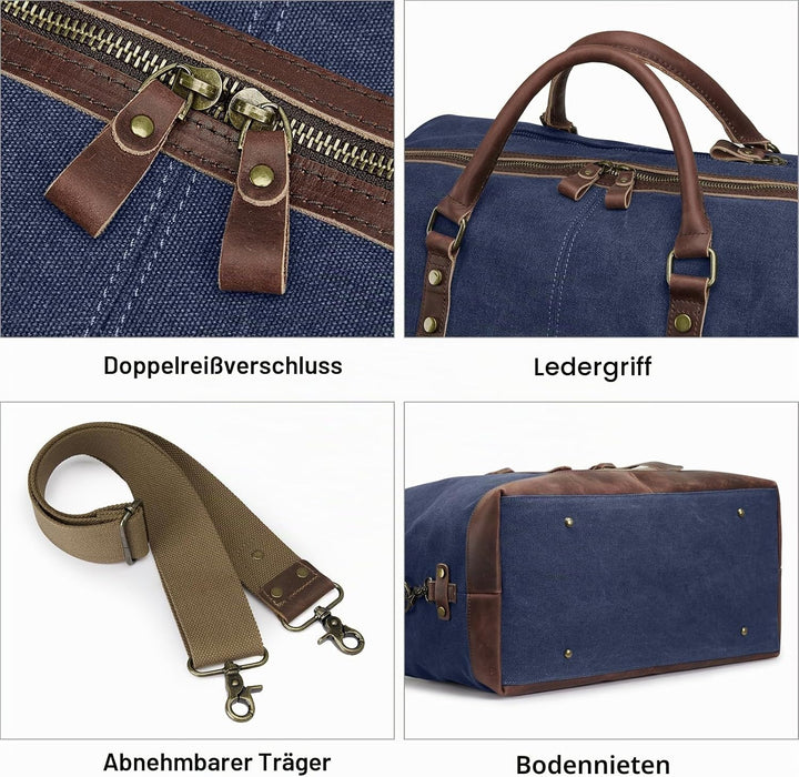 S-ZONE Reisetasche 52-55L Vintage Canvas Crazy Horse Leder Trim Unisex Handgepäck Weekender Tasche S