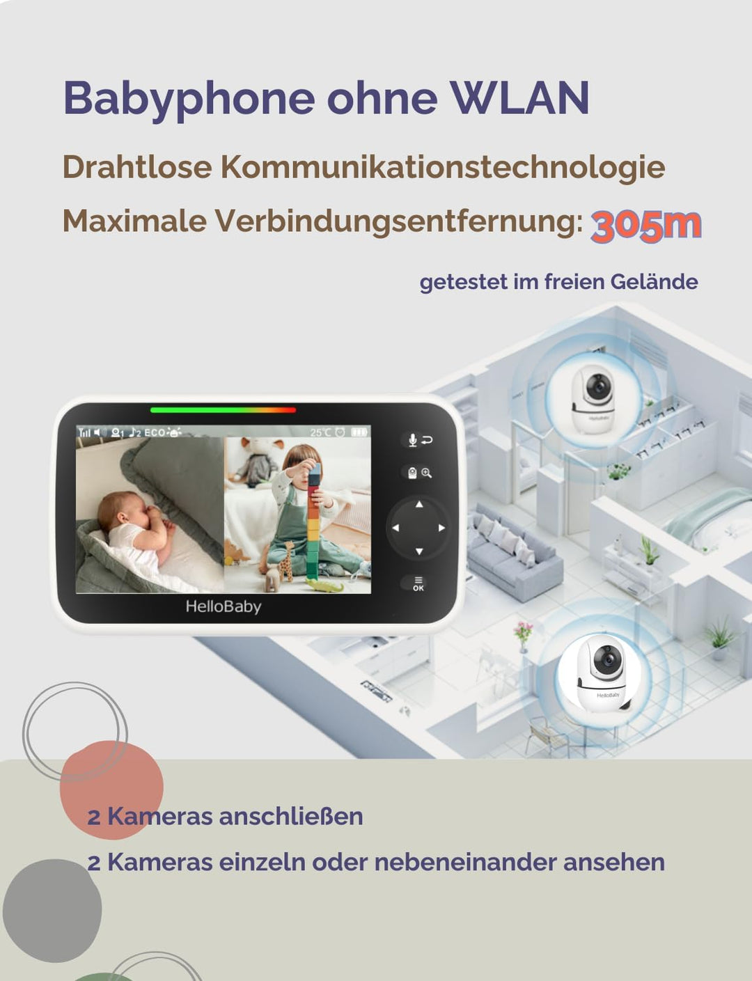HelloBaby Babyphone mit Kamera und Nachtsicht, 5" (12,7 cm) Display mit 30-Stunden-Akku, Pan-Tilt-Zo