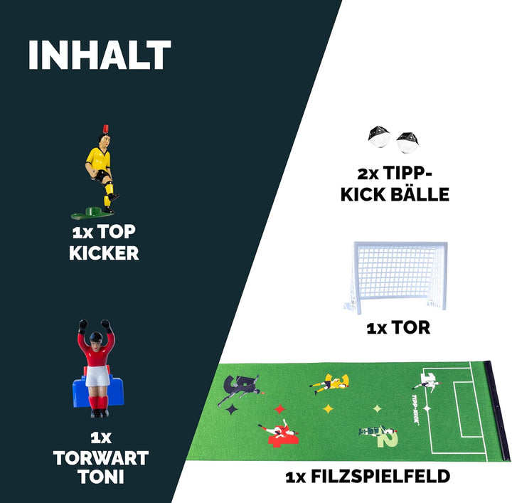 TIPP-KICK Spiel Superstar Fussball-Set mit Filz-Spielfeld (63x22cm) – Challenge für 2 Spieler, handb