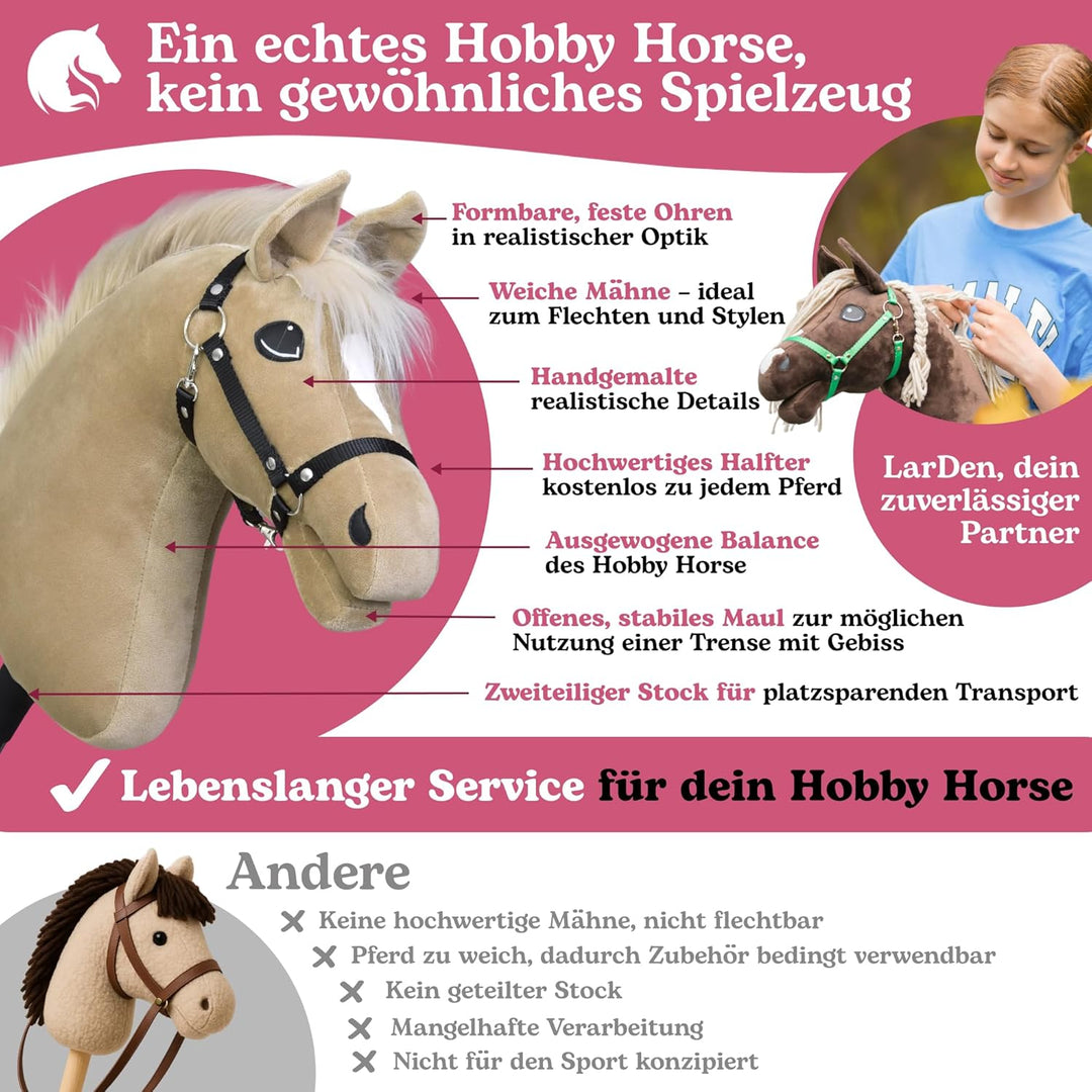 LarDen Hobby Horse Dancing Lady mit schwarzem Halfter - Grösse M, HANDGEFERTIGTES Stockpferd Für Kle