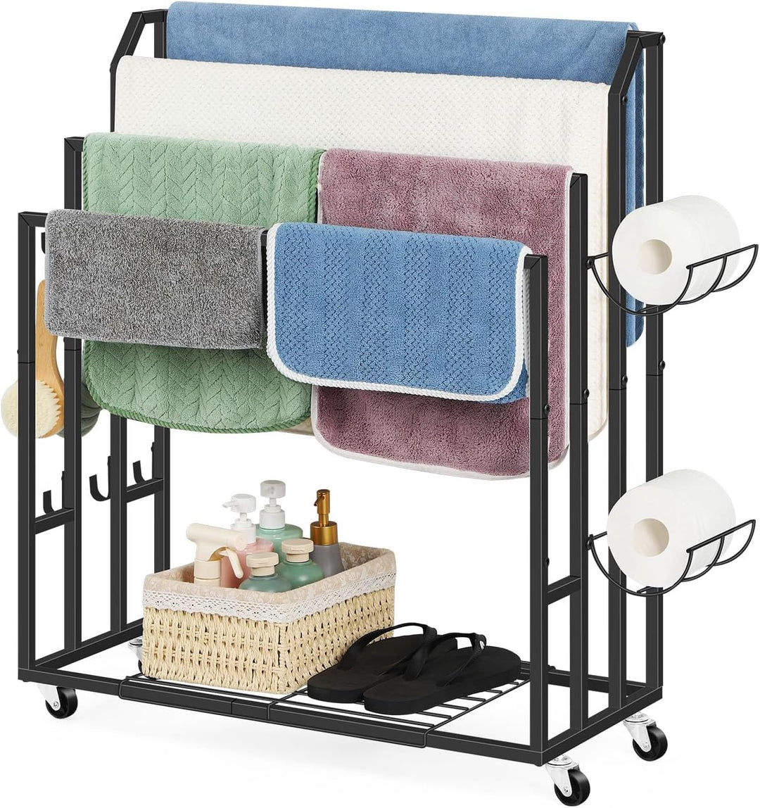 Freistehender Handtuchhalter Ständer Schwarz Handtuch Trocknen und Display Rack mit Rollen, Indoor O