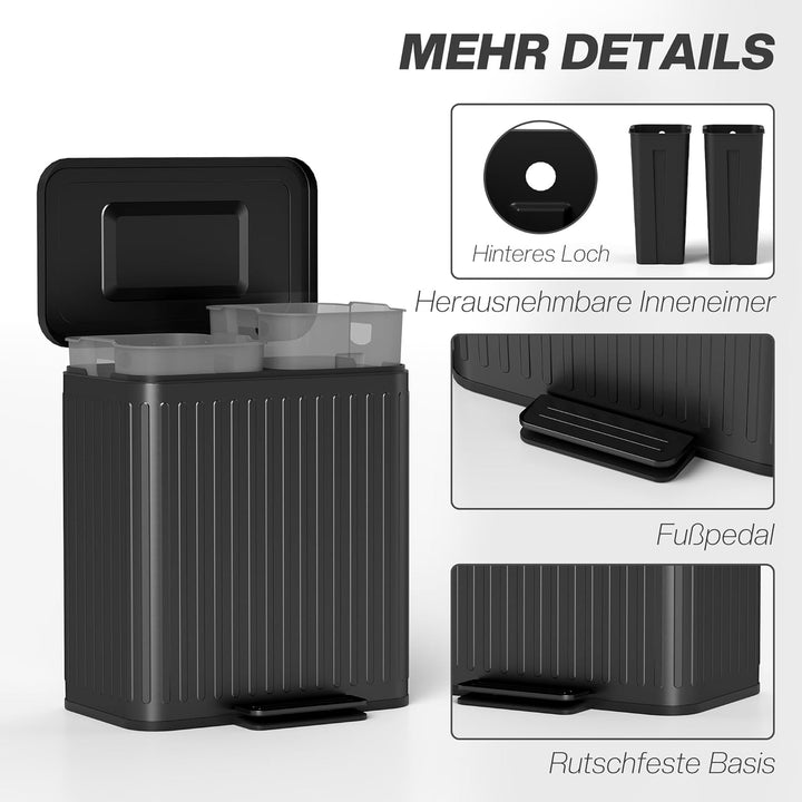 HOMCOM Mülleimer Küche 2 x 20 Liter Treteimer mit Abfallsortiersystem, Soft-Close-Deckel, Offenhalte