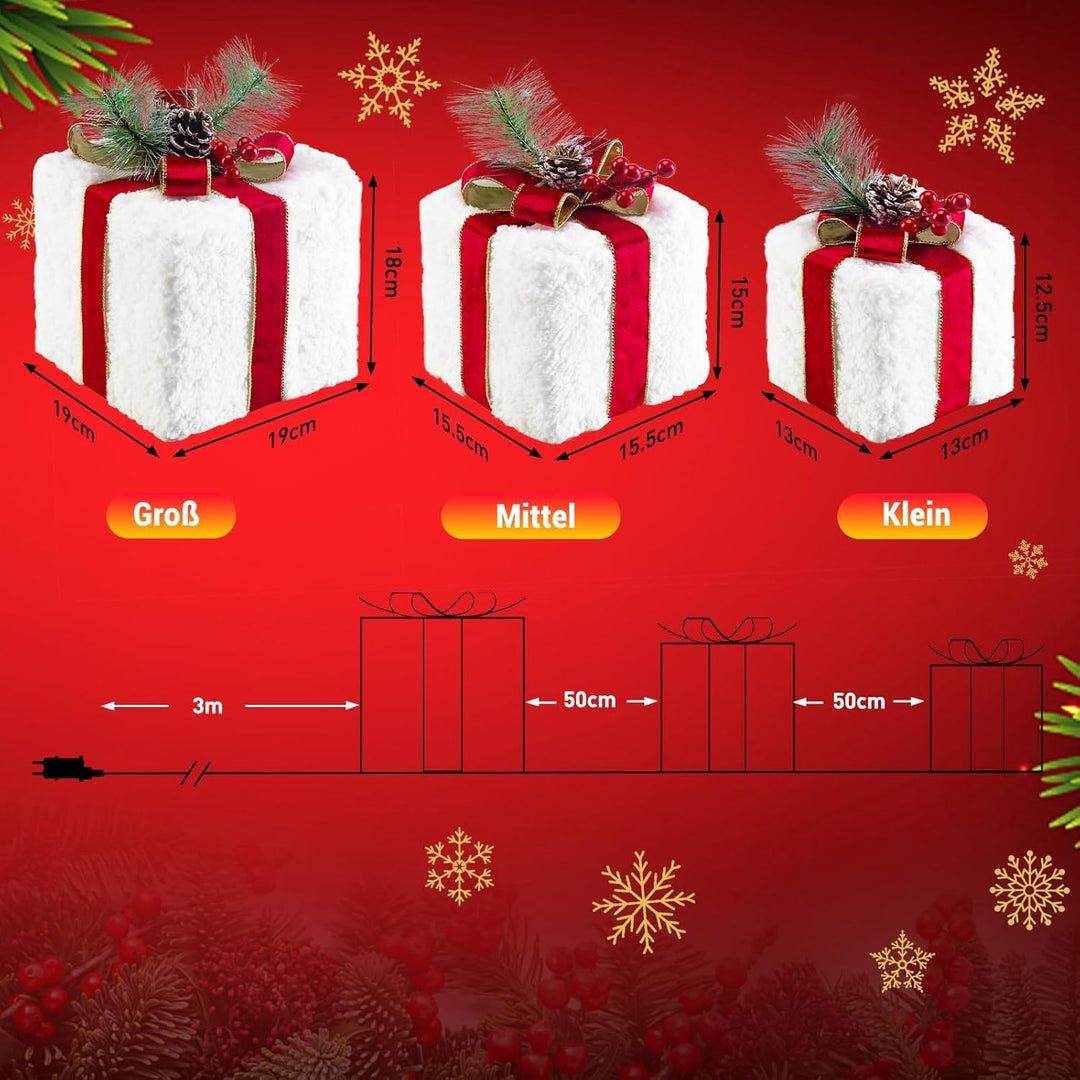 ELKTRY LED Geschenkbox, Weihnachtsdeko mit 60 LED 3 Set aussen innen, Beleuchte Weihnachtenbox mit b