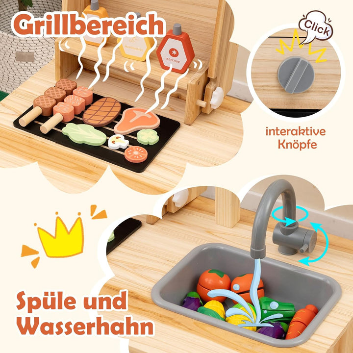 DREAMADE Matschküche Kinder Outdoor, Outdoorküche mit BBQ-Grill & Waschbecken & Tafel, Outdoor Küche