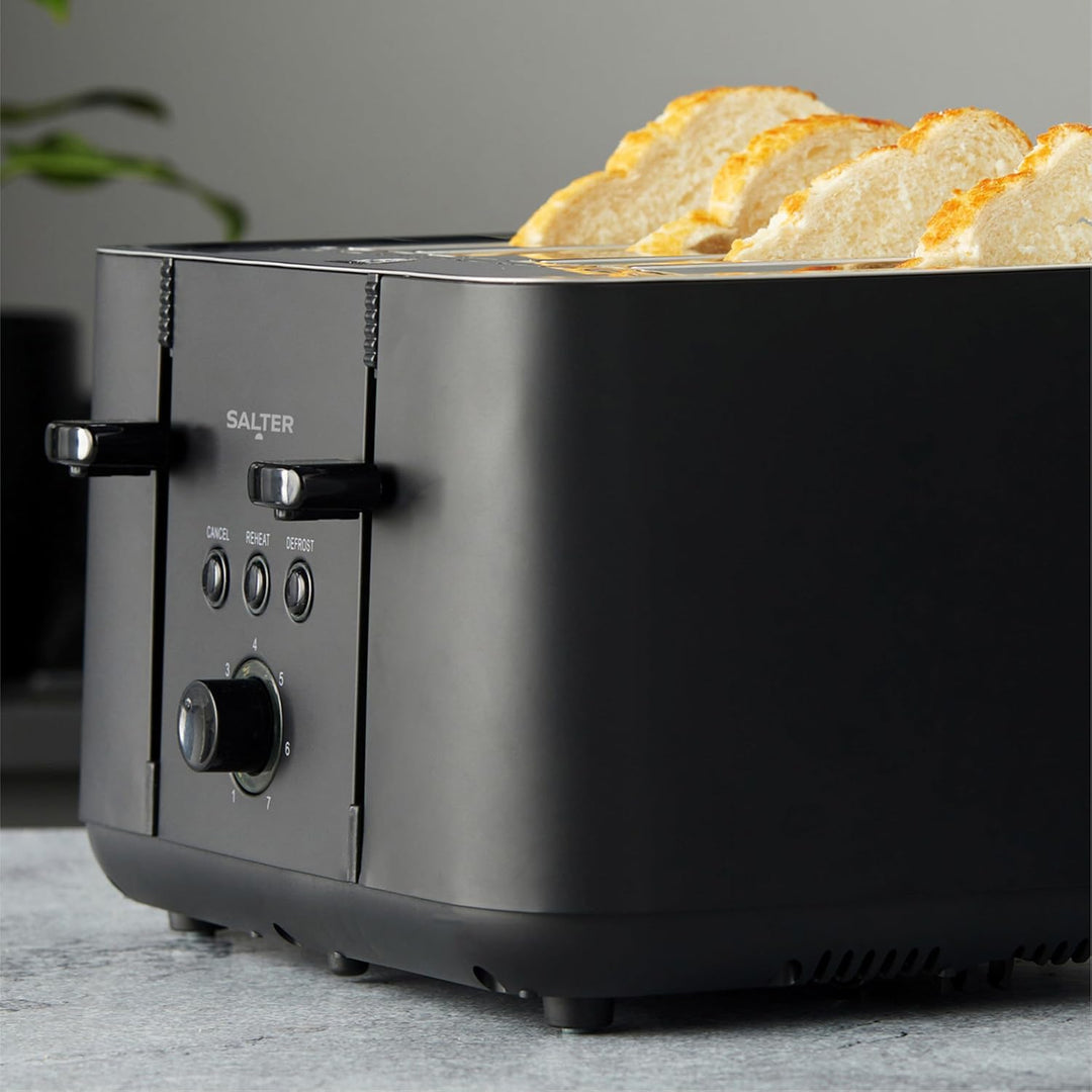 Salter EK5565MBLK Kuro 4-Scheiben Toaster, 7 Bräunungsstufen, Selbstzentrierende Brotführung, Auftau