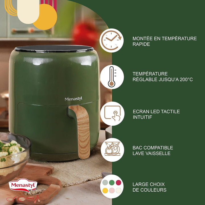 MENASTYL - Fritteuse ohne Heissluftöl Colorama – Oliv – ohne PFAS – 4,5 l – 8 Programme – Temperatur