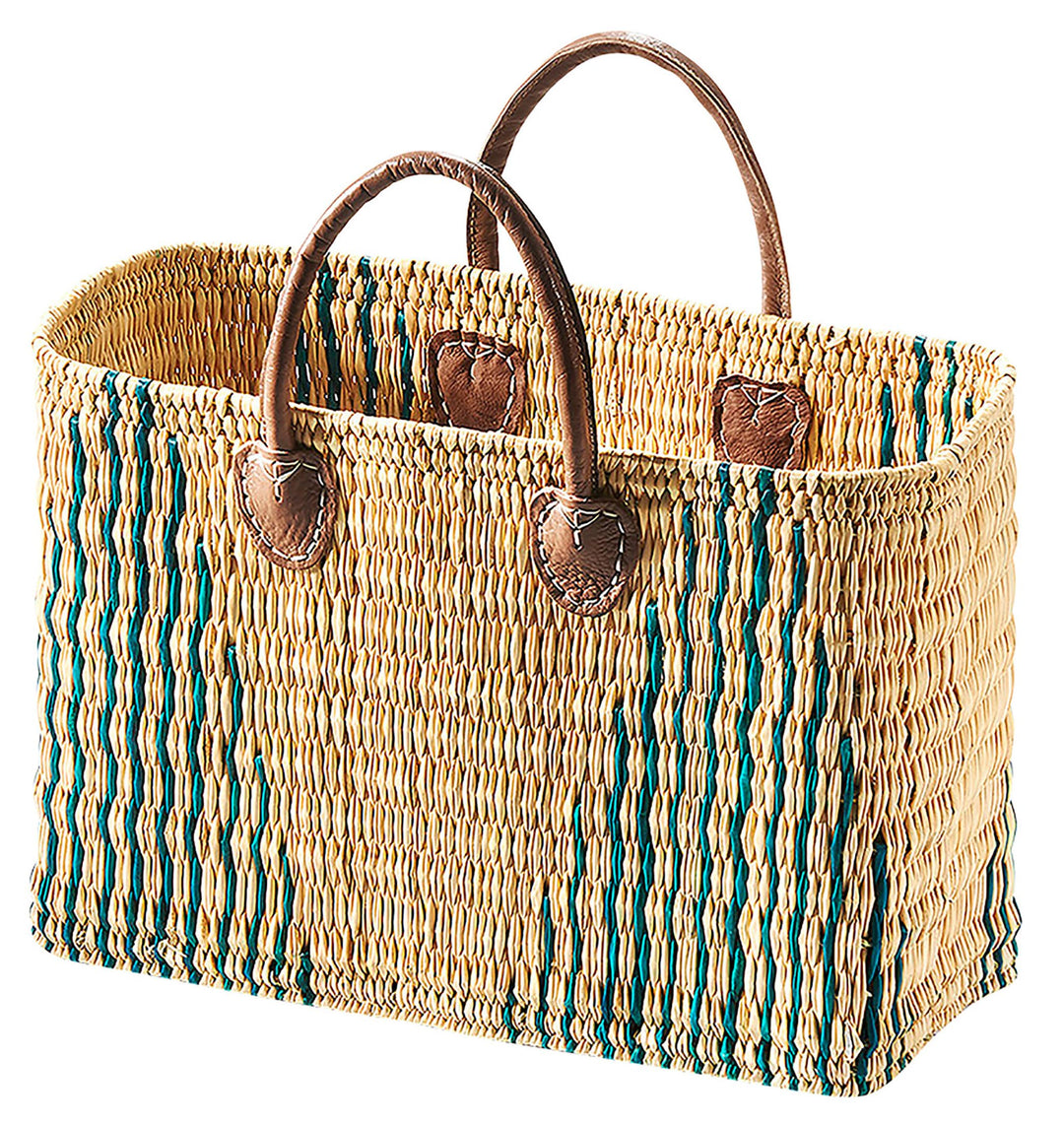 Kobolo Tasche Seegrastasche Korbtasche- Stripes - Lederhenkel - grünes Muster