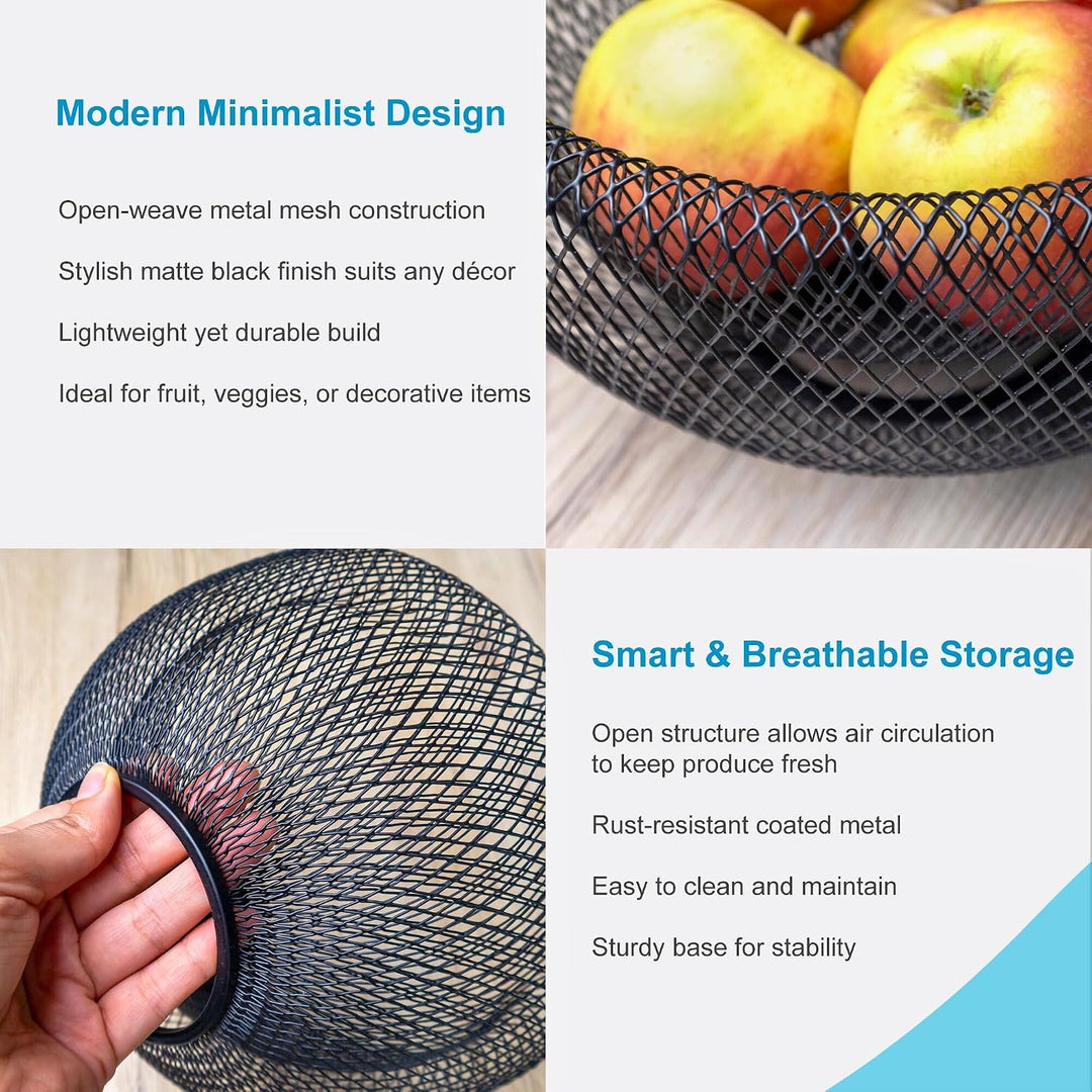 Obstkorb aus Metall in Schwarz rund 25 x 9.8 cm – Moderne doppelwandige Obstschale, Mesh Design Deko