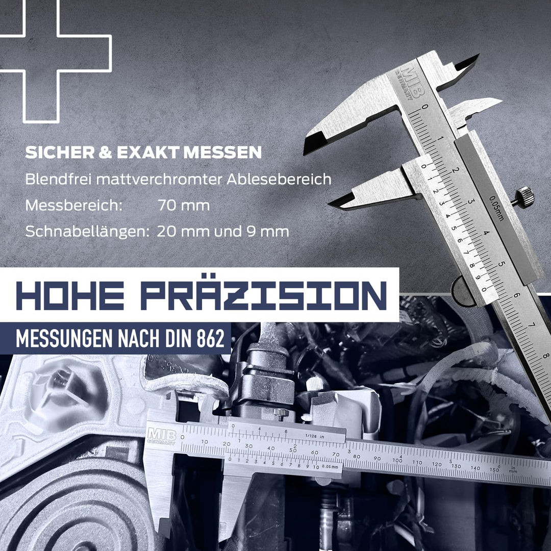 MIB Klein-Messschieber mit Feststellschraube DIN 862 70mm | Schieblehre rostfreier Stahl | Analog Me