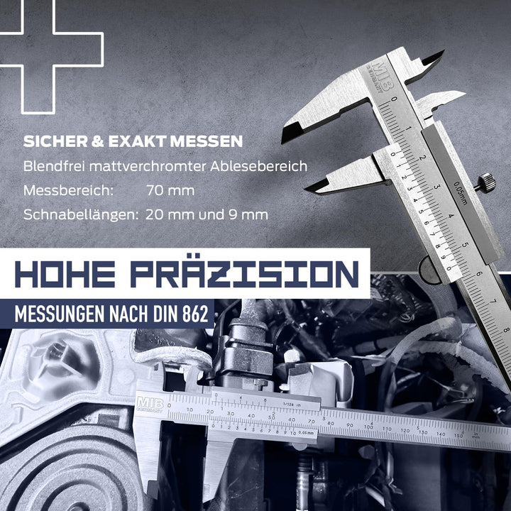 MIB Klein-Messschieber mit Feststellschraube DIN 862 70mm | Schieblehre rostfreier Stahl | Analog Me