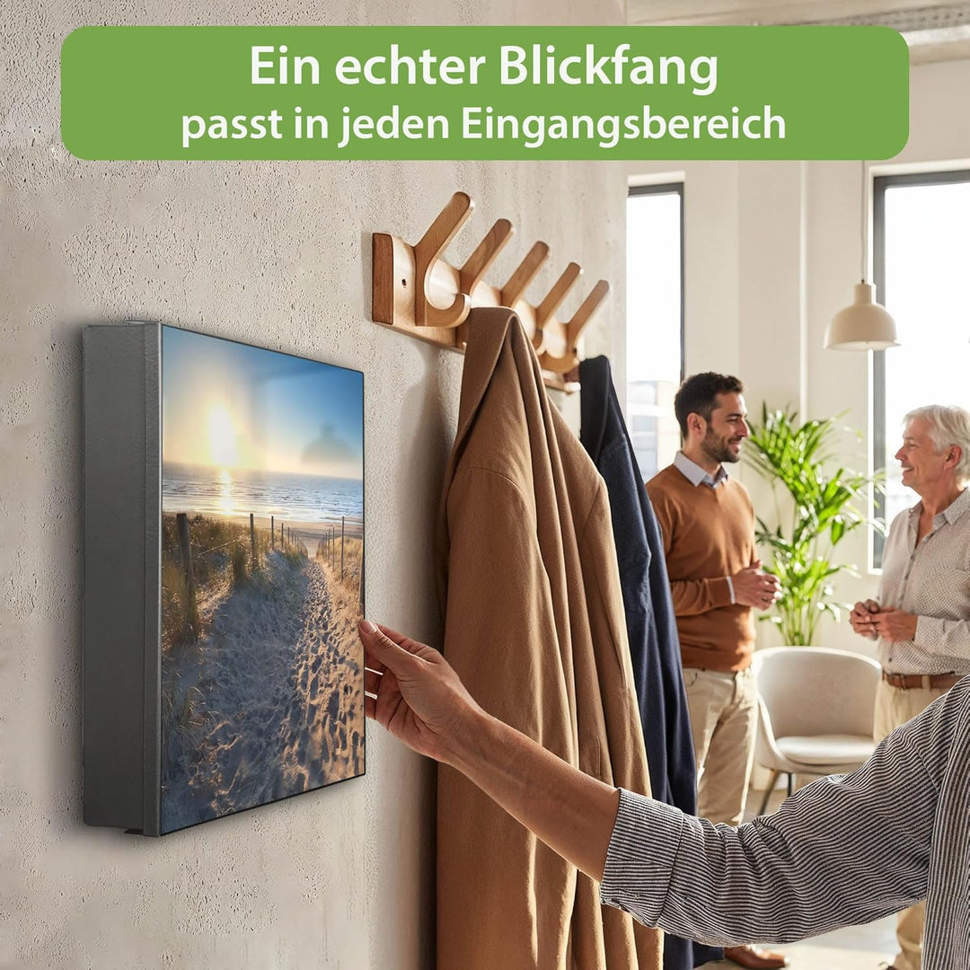 banjado® Grosser Schlüsselkasten Glas/Schlüsselbox 30cm x 30cm mit 50 Haken - Motiv Nordseestrand/Sc