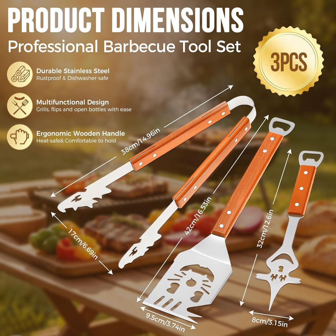 Yoassi BBQ Grillbesteck Set 3-teilig Edelstahl, Grillzubehör mit Grillzange, Grillwender, Fleischgab