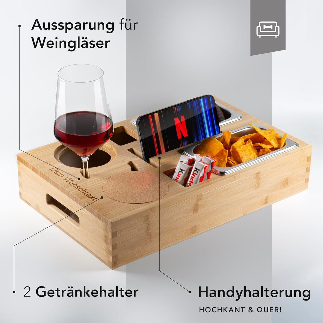 NewHabitat | Couchbar - Personalisierbare Snackbox aus Bambus mit Gravur | Sofa Tablett mit 2 Snacks