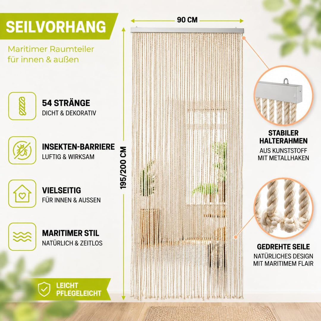 Kobolo Seilvorhang Türvorhang MARITIM 54 Stränge Dekovorhang - 90 x185/195 cm - Beige