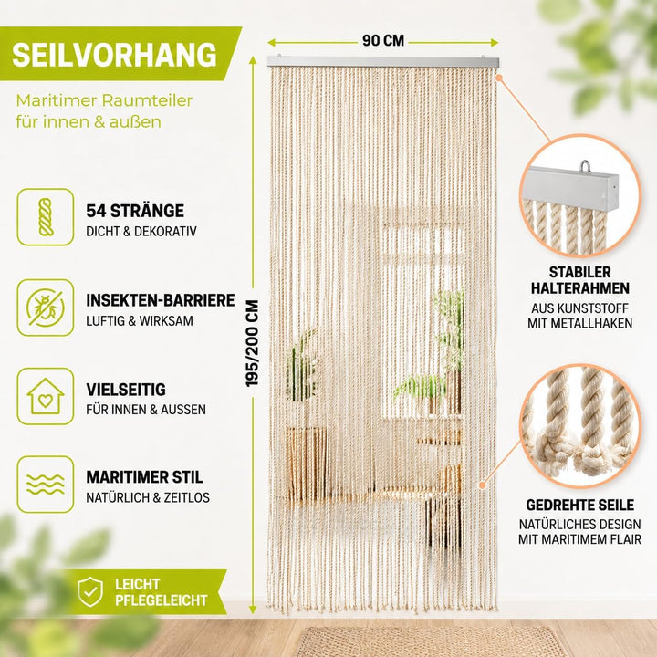 Kobolo Seilvorhang Türvorhang MARITIM 54 Stränge Dekovorhang - 90 x185/195 cm - Beige