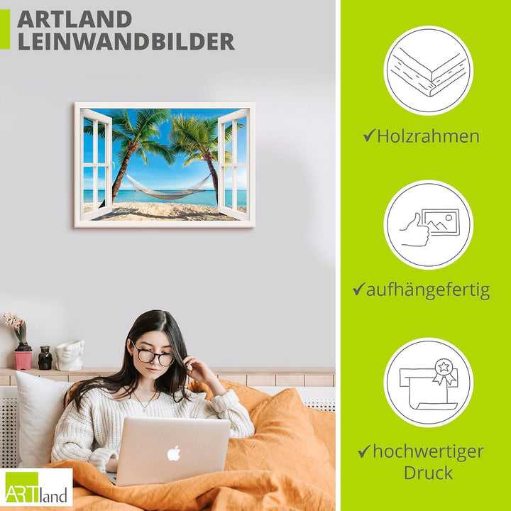 Artland Leinwandbild Wandbild Bild auf Leinwand 70x50 cm Wanddeko Fensterblick Fenster Strand Karibi