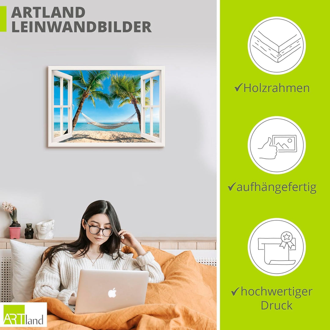 Artland Leinwandbild Wandbild Bild auf Leinwand 70x50 cm Wanddeko Fensterblick Fenster Strand Karibi