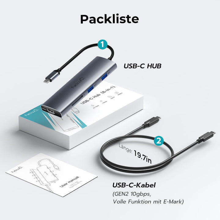 USB C Video Hub mit Dual/Triple Monitor Support, 4K@30-60Hz HDMI, 100W PD, 6X USB 10 Gbit/s, SD4.0,