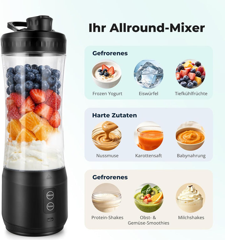Tragbarer Mixer, 600ML Becher, Tragbarer Mixer/Blender/Smoothie Maker mit 6-Klingen Edelstahl, Ausla