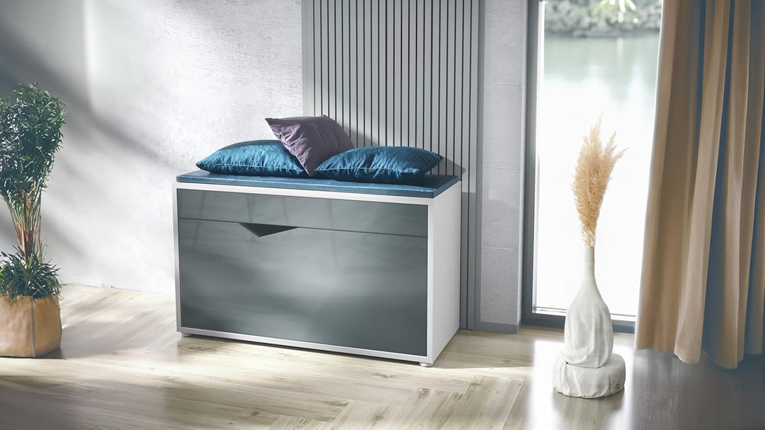 Vladon Kolmio Schuhbank, Sitzbank für 8 Paar Schuhe, Schuhregal mit Sitzfläche, Weiss matt/Grau Hoch