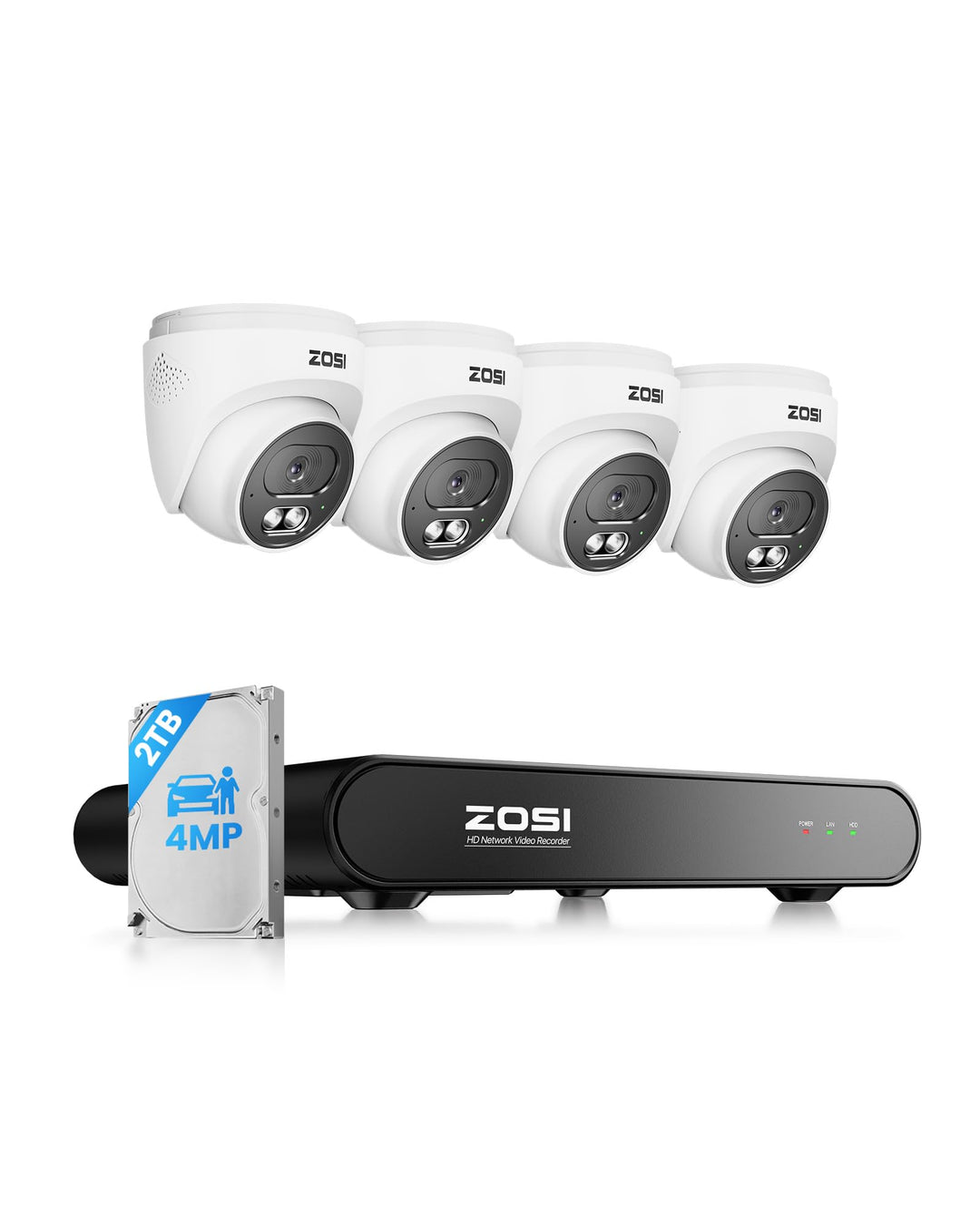 ZOSI 2,5K PoE Überwachungskamera Aussen Set, 8CH 5MP NVR mit 2TB HDD, 4X 4MP PoE Dome Kamera Überwac