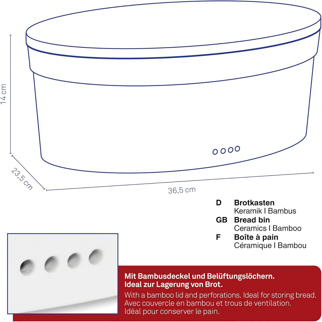 kela Keramik Brotkasten mit Lüftungslöcher 36,5x23,5x14cm, Brotbox Keramik, SALENA, Brottopf weiss,