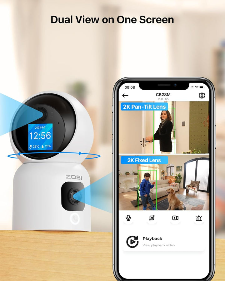 ZOSI Dual-Linse WLAN Überwachungskamera Innen 3MP+3MP, 2-Wege-Video, 2,4/5Ghz WiFi IP Kamera 360° Sc