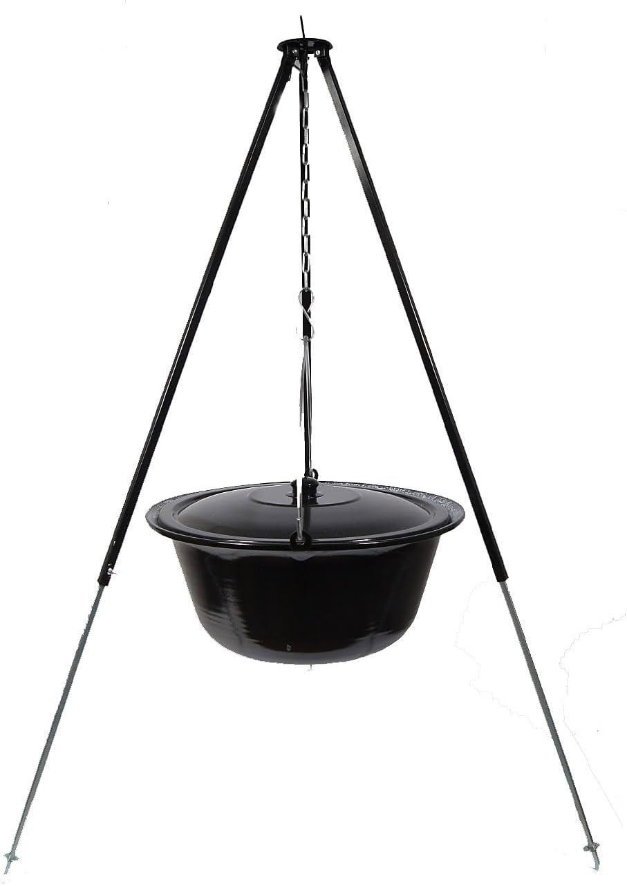 troph-e-shop Set Gulaschkessel 30 L mit Deckel Emaille und Dreibein Teleskop 90-145 cm