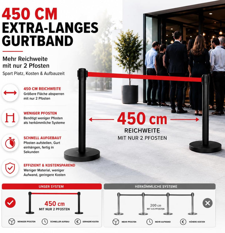heyChef - 2er-Set | 450cm Gurtband rot extra-lang, Absperrpfosten Edelstahl pulverbeschichtet schwar