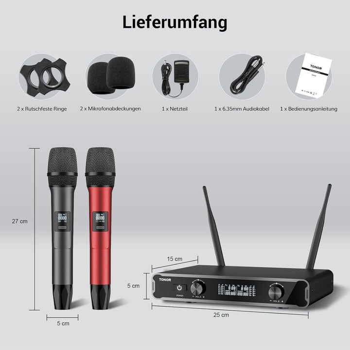 TONOR Dual Mikrofon Kabellos System, Funkmikrofon drahtloses Karaoke Mikro Set Wireless Microphone 6