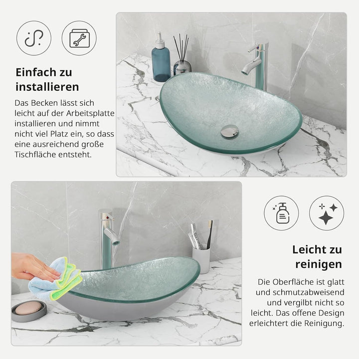 ARTETHYS Waschbecken Glas Aufsatzwaschbecken mit Wasserhahn Ablaufgarnitur, Oval Waschschale Waschti