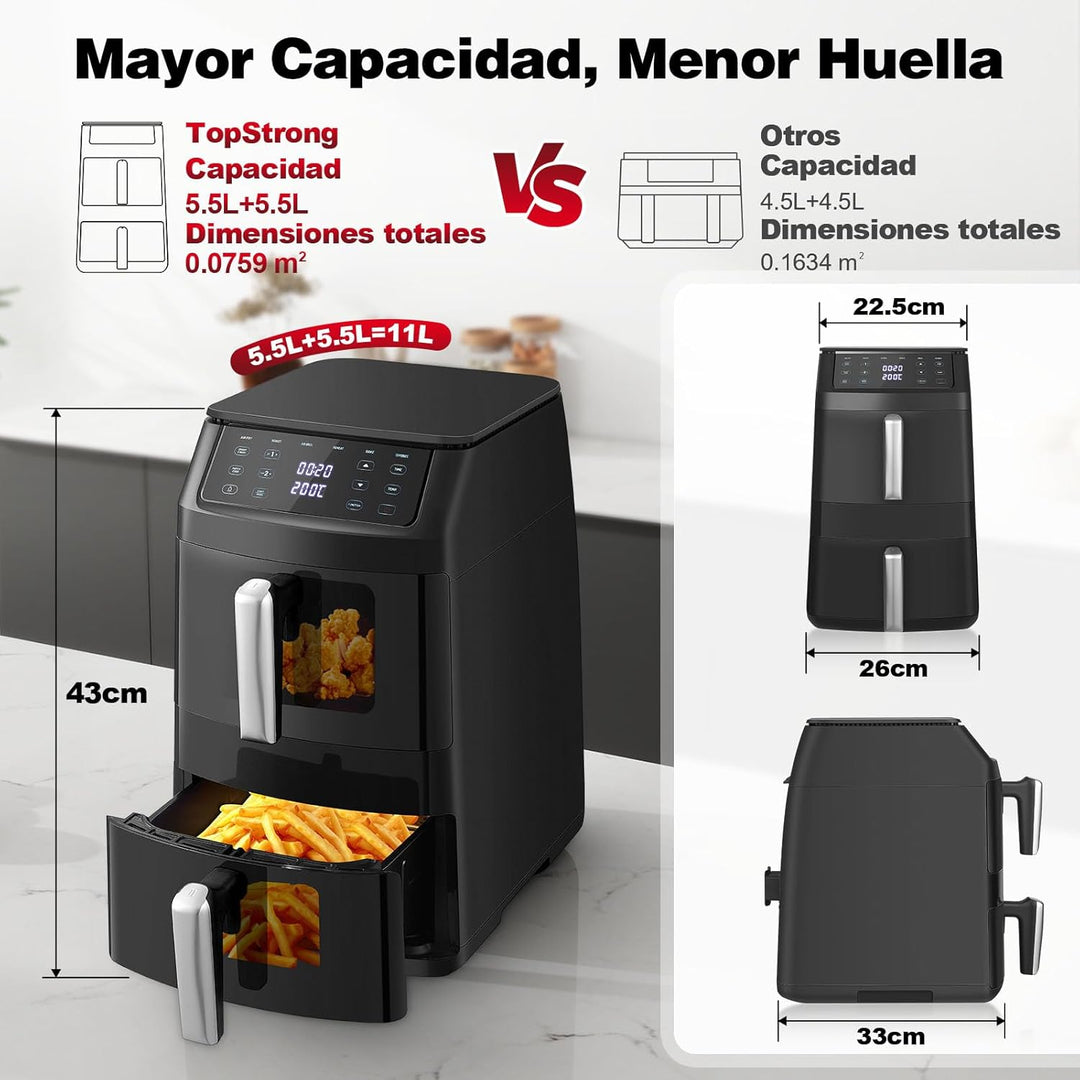 TopStrong Doppelkammer Heissluftfritteuse, 2500W Vertikale Double Stack Airfryer 2 Kammern mit Sicht