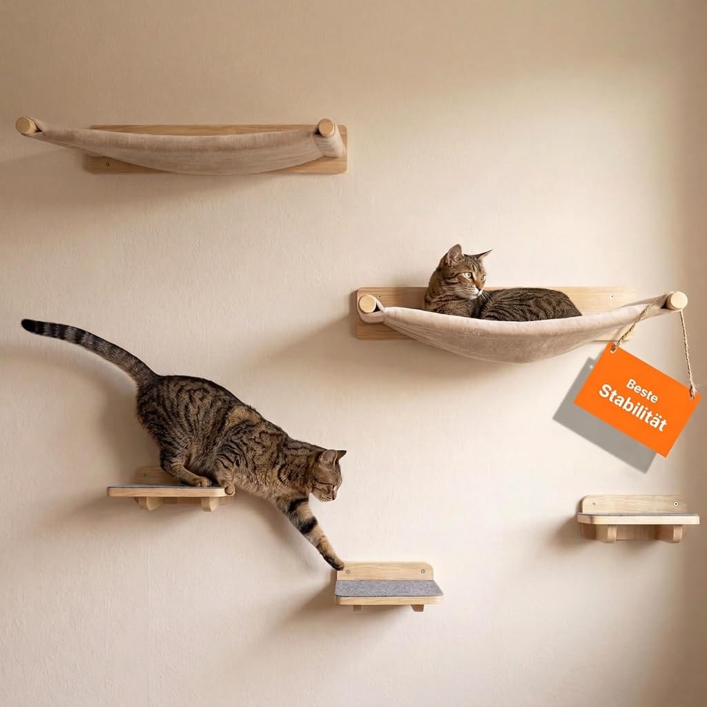 WOOWOOD® Kletterwand Katzen inkl. 2X Katzentreppe Wand [Massivholz] I Kratzbaum Wand I Hängematte Ka