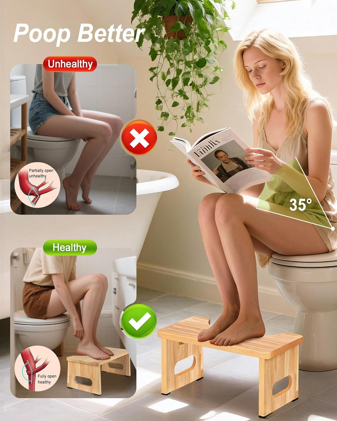 YOSE Toilettenhocker aus Holz für Erwachsene, Faltbarer Hockhocker fürs Badezimmer, Rutschfester Dop